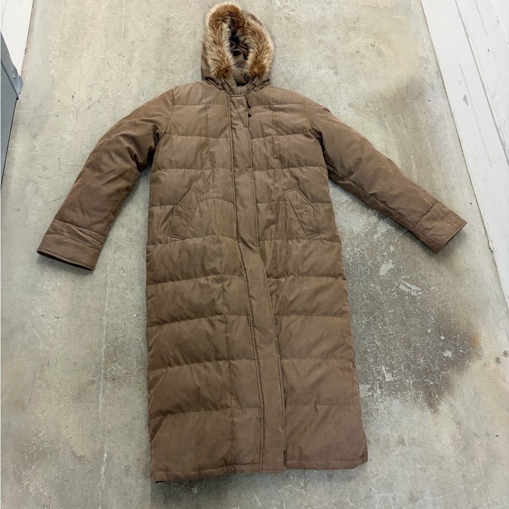 Vintage Utex design Maxi Brown Hooded Puffer Coat with real fur trim